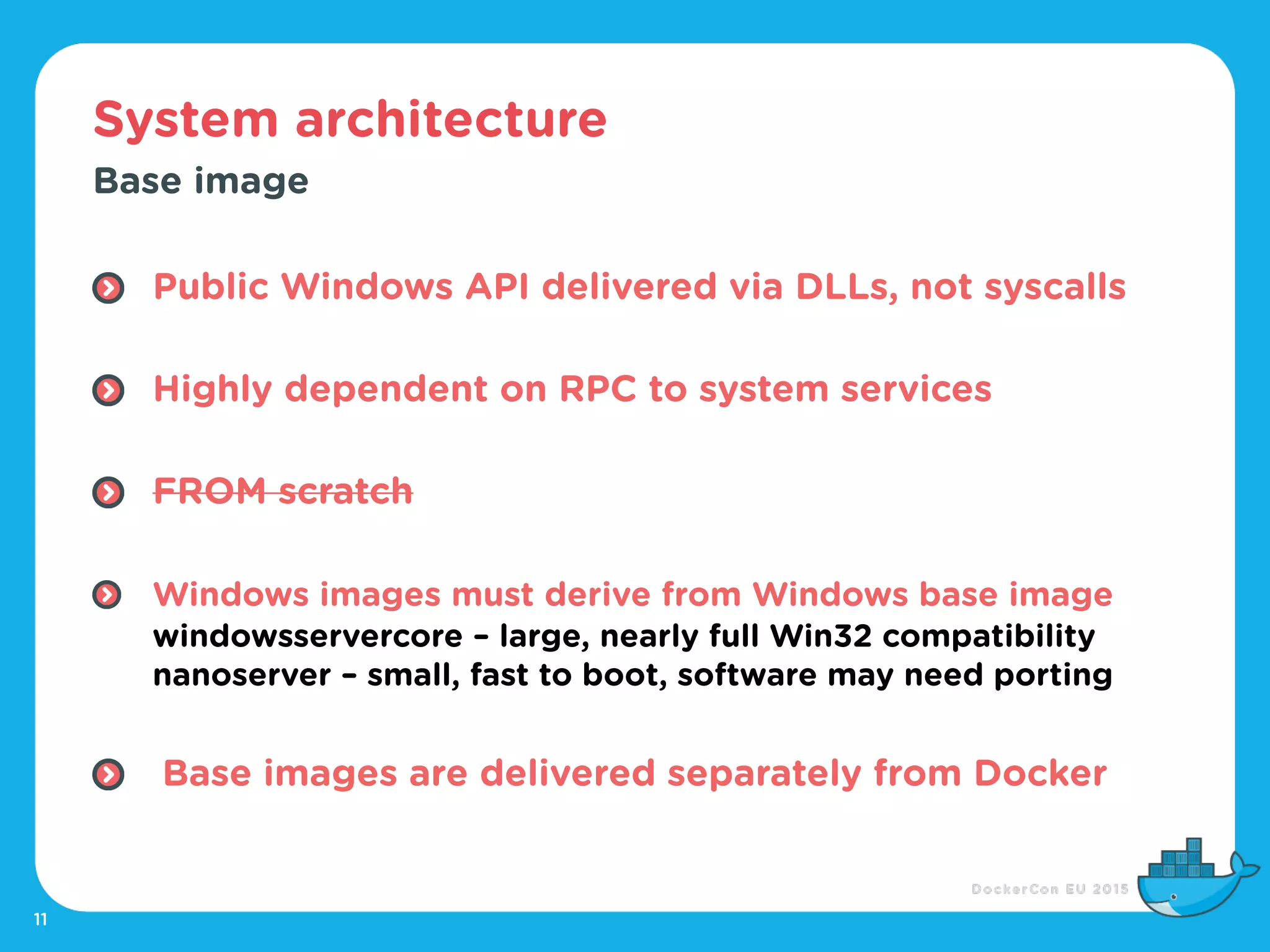 System architecture
11
Base image
Public Windows API delivered via DLLs, not syscalls 
Highly dependent on RPC to system services 
FROM scratch 
Windows images must derive from Windows base image 
windowsservercore – large, nearly full Win32 compatibility 
nanoserver – small, fast to boot, software may need porting 
Base images are delivered separately from Docker
 