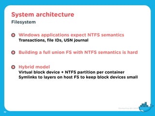 System architecture
10
Filesystem
Windows applications expect NTFS semantics 
Transactions, file IDs, USN journal 
Buildin...