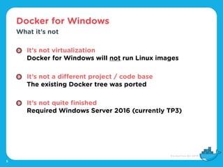 Docker for Windows
5
What it’s not
It’s not virtualization 
Docker for Windows will not run Linux images 
It’s not a diffe...