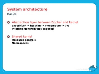 System architecture
7
Basics
Abstraction layer between Docker and kernel 
execdriver -> hcsshim -> vmcompute -> ??? 
Inter...