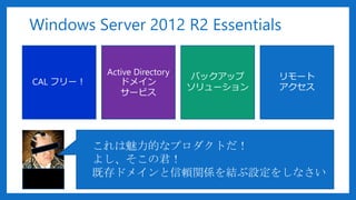 Windows Server 2012 R2 Essentials
CAL ե`
Active Directory
ɥᥤ
`ӥ
Хåå
`
`

ĤʥץȤ
褷ξ
ȴɥᥤmvSYO򤷤ʤ
 