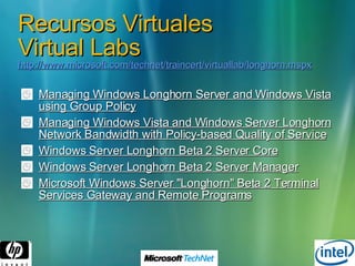Recursos Virtuales Virtual Labs http://www.microsoft.com/technet/traincert/virtuallab/longhorn.mspx Managing Windows Longhorn Server and Windows Vista using Group Policy Managing Windows Vista and Windows Server Longhorn Network Bandwidth with Policy-based Quality of Service Windows Server Longhorn Beta 2 Server Core Windows Server Longhorn Beta 2 Server Manager Microsoft Windows Server "Longhorn" Beta 2 Terminal Services Gateway and Remote Programs 