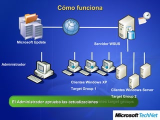 Cómo funciona




        Microsoft Update                        Servidor WSUS




Administrador




                                    Clientes Windows XP
                                    Target Group 1        Clientes Windows Server
                                                          Target Group 2
     El agente instala los parchesclientes en diferentes target groups
     El Administrador aprueba las aprobados por el administrador
     Los clientesdescargasuscribe actualizaciones de actualizaciones
     El servidor se registran los ela las categorías Microsoft Update
     El Administrador pone a actualizaciones desde
                        se las en servidor
 