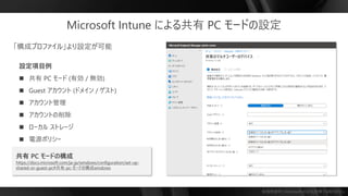 勉強用資料 | Microsoft の正式見解ではありません
「構成プロファイル」より設定が可能
設定項目例
◼ 共有 PC モード (有効 / 無効)
◼ Guest アカウント (ドメイン / ゲスト)
◼ アカウント管理
◼ アカウントの削除
◼ ローカル ストレージ
◼ 電源ポリシー
共有 PC モードの構成
https://docs.microsoft.com/ja-jp/windows/configuration/set-up-
shared-or-guest-pc#共有-pc-モードの構成windows
Microsoft Intune による共有 PC モードの設定
 
