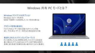 勉強用資料 | Microsoft の正式見解ではありません
Windows 共有 PC モードとは？
Windows クライアントのオプション
アカウント管理の最適化
最適化されたメンテナンスとパフォーマンス
 