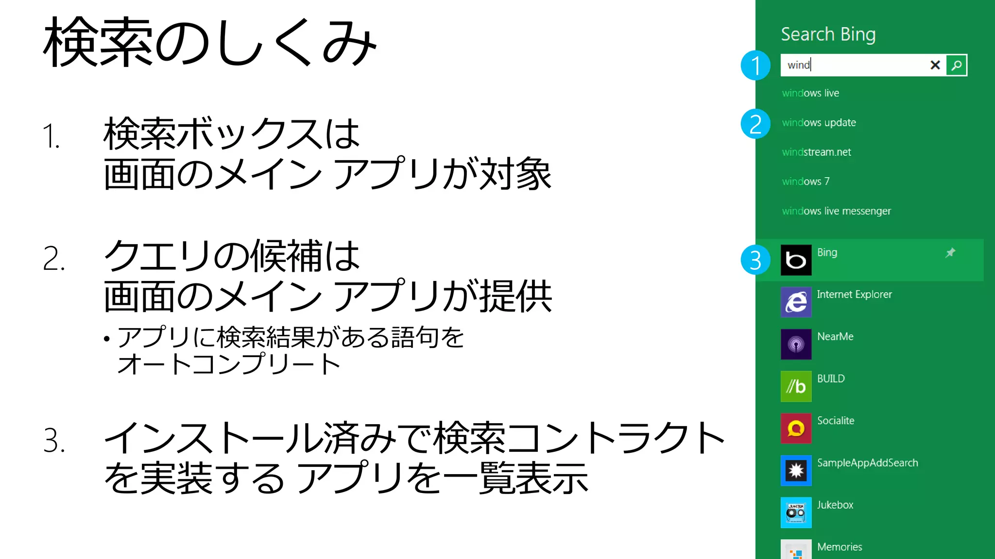 検索のしくみ
1.   検索ボックスは
     画面のメイン アプリが対象

2.   クエリの候補は
     画面のメイン アプリが提供
     • アプリに検索結果がある語句を
     オートコンプリート


3.   インストール済みで検索コントラクト
     を実装する アプリを一覧表示
 