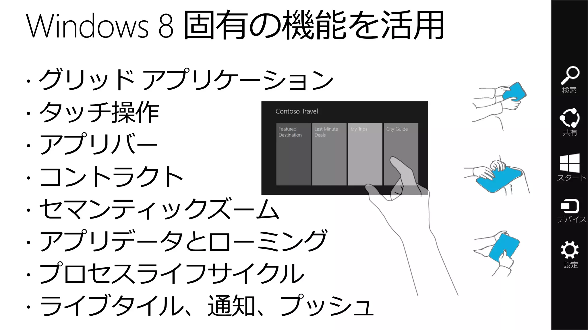 Windows 8 固有の機能を活用
   グリッド アプリケーション    検索


   タッチ操作
                     共有

   アプリバー
   コントラクト           スタート




   セマンティックズーム       デバイス


   アプリデータとローミング
    プロセスライフサイクル
                     設定


   ライブタイル、通知、プッシュ
 