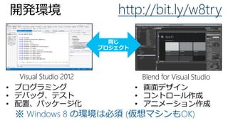 開発環境                   http://bit.ly/w8try



   Visual Studio 2012        Blend for Visual Studio
• プログラミング                  • 画面デザイン
• デバッグ、テスト                 • コントロール作成
• 配置、パッケージ化                • アニメーション作成
  ※ Windows 8 の環境は必須 (仮想マシンもOK)
 
