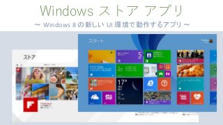 Windows ストア アプリ
～ Windows 8 の新しい UI 環境で動作するアプリ 〜
 