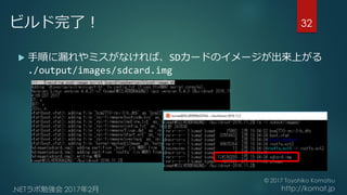  手順に漏れやミスがなければ、SDカードのイメージが出来上がる
./output/images/sdcard.img
ビルド完了！ 32
 