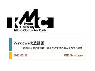 Windows改造計画
不自由な窓の檻を抜け自由なる電子の海へ飛び立つ方法
2015/05/18 KMC ID: astatine
 