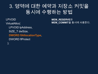 3. 영역에 대한 예약과 저장소 커밋을
       동시에 수행하는 방법
LPVOID                       MEM_RESERVE와
VirtualAlloc(                MEM_COMMIT을 동시에 사용한다.
   LPVOID lpAddress,
   SIZE_T dwSize,
   DWORD flAllocationType,
   DWORD flProtect
 );
 