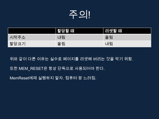 주의!
                할당할 때             리셋할 때
시작주소            내림                올림
할당크기            올림                내림


위와 같이 다른 이유는 실수로 페이지를 리셋해 버리는 것을 막기 위함.

또한 MEM_RESET은 항상 단독으로 사용되어야 한다.

MemReset예제 실행하지 말자. 컴퓨터 왕 느려짐.
 