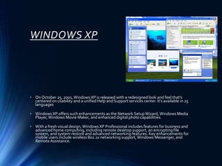 WINDOWS XP
• On October 25, 2001,Windows XP is released with a redesigned look and feel that's
centered on usability and a unified Help and Support services center. It’s available in 25
languages
• Windows XP offers such enhancements as the Network SetupWizard, Windows Media
Player, Windows Movie Maker, and enhanced digital photo capabilities.
• With a fresh visual design,Windows XP Professional includes features for business and
advanced home computing, including remote desktop support, an encrypting file
system, and system restore and advanced networking features. Key enhancements for
mobile users include wireless 802.1x networking support,Windows Messenger, and
Remote Assistance.
 