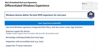 Windows devices deliver the best WVD experience for end users
Like-local Windows experience (integrated Start Menu, task bar, action center, App Switcher)
Extensive support for devices
Multiple monitor support (max 16 monitors with up to 8k x 8k resolution each)
RemoteApp indistinguishable from local apps
Integration with accessibility tools (e.g. Jaws)
Support for 3rd party extensions
User Experience Benefits
Best Virtualized End-user Experience Best User
Experience
 