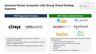 WVD Approved Providers
• Citrix and VMware provide value add to WVD (e.g. hybrid
deployment management)
• Windows 10 Enterprise multi-session is also available with Citrix &
VMware management planes
• Customer ultimately decides the management plane(s) of choice
WVD Value-Added Partners
• WVD customers have access to a broad SW/Services partner network
with expertise in
– Customer Environment Assessment
– Diagnostics & End User Experience Monitoring
– Application Layering
– Management
– Printing
– App Compatibility Assessment / Remediation
Strong Partner Ecosystem
 