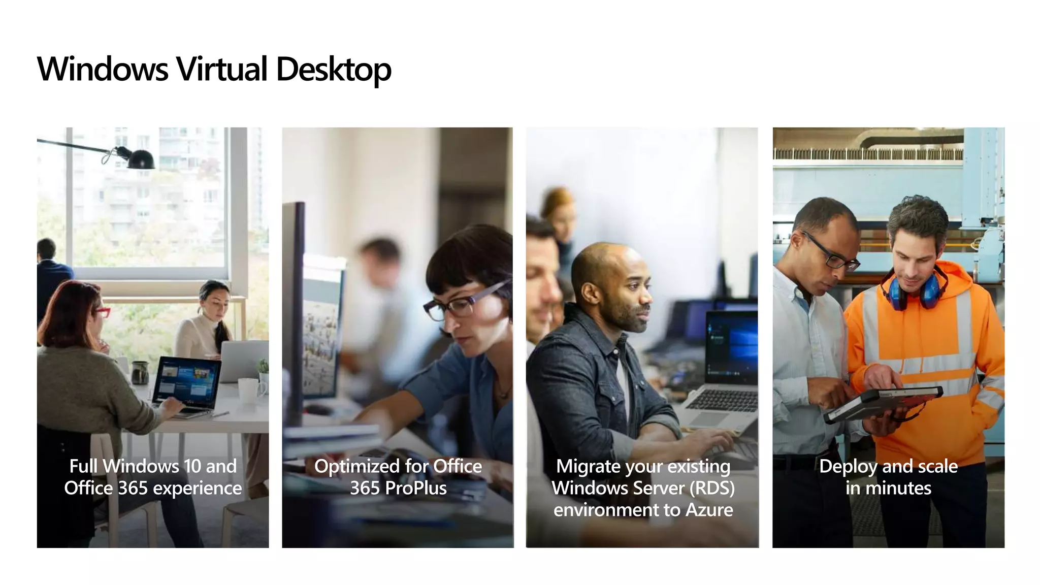 Windows Virtual Desktop
Full Windows 10 and
Office 365 experience
Optimized for Office
365 ProPlus
Migrate your existing
Windows Server (RDS)
environment to Azure
Deploy and scale
in minutes
 