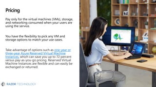 Pay only for the virtual machines (VMs), storage,
and networking consumed when your users are
using the service.
You have the flexibility to pick any VM and
storage options to match your use cases.
Take advantage of options such as one-year or
three-year Azure Reserved Virtual Machine
Instances, which can save you up to 72 percent
versus pay-as-you-go pricing. Reserved Virtual
Machine Instances are flexible and can easily be
exchanged or returned.
Pricing
 