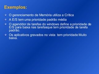 Exemplos: O gerenciamento de Memória utiliza a Crítica A E/S tem uma prioridade padrão média O agenddor de tarefas do windows define a prioridade de E/S para baixa nas tarefasque tem prioridade de tarefa padrão. Os aplicativos gravados no vista  tem prioridade Muito baixa. 