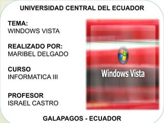 UNIVERSIDAD CENTRAL DEL ECUADOR

TEMA:
WINDOWS VISTA

REALIZADO POR:
MARIBEL DELGADO

CURSO
INFORMATICA III

PROFESOR
ISRAEL CASTRO

          GALAPAGOS - ECUADOR
 