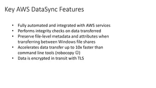 • Fully automated and integrated with AWS services
• Performs integrity checks on data transferred
• Preserve file-level metadata and attributes when
transferring between Windows file shares
• Accelerates data transfer up to 10x faster than
command line tools (robocopy )
• Data is encrypted in transit with TLS
Key AWS DataSync Features
 