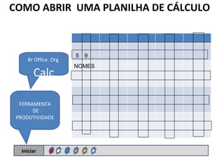 COMO ABRIR  UMA PLANILHA DE CÁLCULO  Iniciar FERRAMENTA DE PRODUTIVIDADE Br Office. Org  Calc 5 9 NOMES 