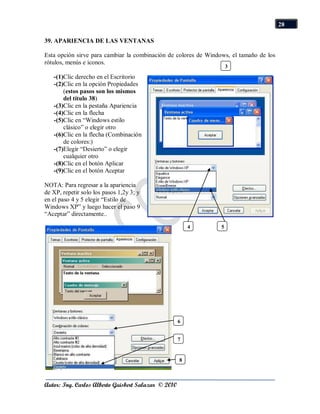 28

39. APARIENCIA DE LAS VENTANAS

Esta opción sirve para cambiar la combinación de colores de Windows, el tamaño de los
rótulos, menús e iconos.
                                                                     3

   -(1)Clic derecho en el Escritorio
   -(2)Clic en la opción Propiedades
       (estos pasos son los mismos
       del título 38)
   -(3)Clic en la pestaña Apariencia
   -(4)Clic en la flecha
   -(5)Clic en “Windows estilo
       clásico” o elegir otro
   -(6)Clic en la flecha (Combinación
       de colores:)
   -(7)Elegir “Desierto” o elegir
       cualquier otro
   -(8)Clic en el botón Aplicar
   -(9)Clic en el botón Aceptar

NOTA: Para regresar a la apariencia
de XP, repetir solo los pasos 1,2y 3; y
en el paso 4 y 5 elegir “Estilo de
Windows XP” y luego hacer el paso 9
“Aceptar” directamente..

                                                         4       5




                                                     6


                                                     7


                                                     8



Autor: Ing. Carlos Alberto Guisbert Salazar © 2010
 