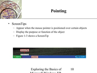 XP
                                    Pointing

• ScreenTips
   – Appear when the mouse pointer is positioned over certain objects
   – Display the purpose or function of the object
   – Figure 1-3 shows a ScreenTip




                  Exploring the Basics of             10
 