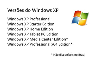 Versões do Windows XP
Windows XP Professional
Windows XP Starter Edition
Windows XP Home Edition
Windows XP Tablet PC Edition
Windows XP Media Center Edition*
Windows XP Professional x64 Edition*
* Não disponíveis no Brasil
 