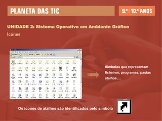 UNIDADE 2: Sistema Operativo em Ambiente Gráfico Ícones Símbolos que representam ficheiros, programas, pastas atalhos,… Os ícones de atalhos são identificados pelo símbolo  