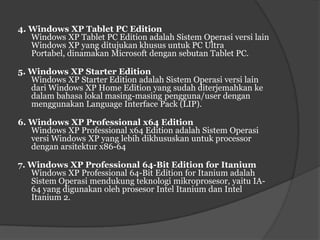 4. Windows XP Tablet PC Edition
   Windows XP Tablet PC Edition adalah Sistem Operasi versi lain
   Windows XP yang ditujukan khusus untuk PC Ultra
   Portabel, dinamakan Microsoft dengan sebutan Tablet PC.

5. Windows XP Starter Edition
   Windows XP Starter Edition adalah Sistem Operasi versi lain
   dari Windows XP Home Edition yang sudah diterjemahkan ke
   dalam bahasa lokal masing-masing pengguna/user dengan
   menggunakan Language Interface Pack (LIP).

6. Windows XP Professional x64 Edition
   Windows XP Professional x64 Edition adalah Sistem Operasi
   versi Windows XP yang lebih dikhususkan untuk processor
   dengan arsitektur x86-64

7. Windows XP Professional 64-Bit Edition for Itanium
   Windows XP Professional 64-Bit Edition for Itanium adalah
   Sistem Operasi mendukung teknologi mikroprosesor, yaitu IA-
   64 yang digunakan oleh prosesor Intel Itanium dan Intel
   Itanium 2.
 