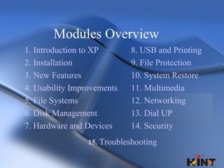 Modules Overview
1. Introduction to XP
2. Installation
3. New Features
4. Usability Improvements
5. File Systems
6. Disk Management
7. Hardware and Devices

8. USB and Printing
9. File Protection
10. System Restore
11. Multimedia
12. Networking
13. Dial UP
14. Security

15. Troubleshooting
H A R D W A R E IN S T I T U T E O F N E T W O R K T E C H N O LO G Y

H A R D W A R E IN S T I T U T E O F N E T W O R K T E C H N O LO G Y

 