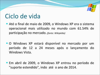 Ciclo de vida Até o final de maio de 2009, o Windows XP era o sistema operacional mais utilizado no mundo com 61.54% de participação no mercado.  (fonte: Wikipédia) O Windows XP estará disponível no mercado por um período de 12 a 24 meses após o lançamento do Windows Vista.  Em abril de 2009, o Windows XP entrou no período de "suporte estendido", indo  até  o ano de 2014.  