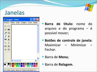 Janelas Barra de título:  nome do arquivo e do programa – é possível mover; Botões de controle de janela:  Maximizar – Minimizar – Fechar. Barra de  Menu ; Barra de  Rolagem . 