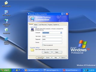 To connect to Remote Desktop On the  Start  menu, point to  All Programs . Point to  Accessories , point to  Communications , and click  Remote Desktop Connection . Type the information for the computer you want to connect to in the  Computer  text box, and then click  Connect . 