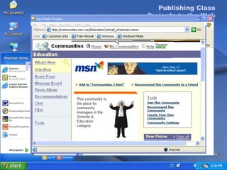 Publishing Class Projects  to the Web Publishing Class Projects to the Web To publish to the Web (cont.) Type your password in the  Password  text box, and then click  Next  to continue. To complete the Password Wizard, click  Finish . In the  File Destination  dialog box, select a folder in which you want to publish your files, or click  Create a new folder  to make a new folder. Click  Next . Your document is automatically copied to the destination Web site.  Click  Finish  to close the Web Publishing Wizard. To publish to the Web On the  Start  menu, click  My Documents . Click to select the document that you want to publish to the Web. In the  File Tasks  menu, click  Publish this file to the Web . The Web Publishing Wizard starts. Click  Next  to continue. The  Destination Web Site  page appears.  The Passport Wizard starts. Click  Next to  continue . Click to select  Yes, use an existing e-mail  account , and then click  Next . Type your e-mail address in the  E-mail address or Passport  box, and then click  Next  to continue. 