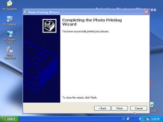 Printing Project Pictures To Print Project Pictures In the  Picture Tasks  menu on the sidebar, select  Print This Picture Click  Next  on Photo Printing Wizard. Select pictures you wish to print, click  Next. Choose the printer you wish to print to, click  Next. In  Layout Selection, select  the 4 x 6 in, 3-up option. Click  Next. Click  Finish. Printing Project Pictures 