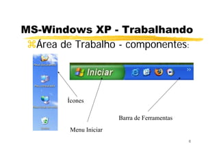 6
MS-Windows XP - Trabalhando
Área de Trabalho - componentes:
Ícones
Barra de Ferramentas
Menu Iniciar
 