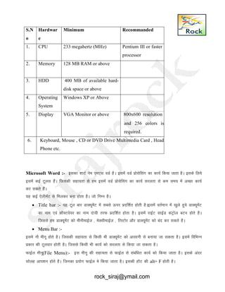 S.N
o
Hardwar
e
Minimum Recommanded
1. CPU 233 megahertz (MHz) Pentium III or faster
processor
2. Memory 128 MB RAM or above
3. HDD 400 MB of available hard-
disk space or above
4. Operating
System
Windows XP or Above
5. Display VGA Monitor or above 800x600 resolution
and 256 colors is
required.
6. Keyboard, Mouse , CD or DVD Drive Multimedia Card , Head
Phone etc.
Microsoft Word :- bldk 'kkVZ use ,e,l oMZ gSA blesa oMZ izkslsflax dk dk;Z fd;k tkrk gSA blds fy;s
blesa dbZ Vwyl gSaA ftldh lgk;rk ls ge blesa oMZ izkslsflax dk dk;Z ljyrk ls de le; esa vPNk dk;Z
dj ldrs gSaA
;g dbZ ,syhesaV ls feydj cuk gksrk gSA tks fuEu gSA
 Title bar :- ;g Vwy ckj MkD;wesaV esa lcls Åij iznf’kZr gksrh gSAblesa orZeku esa [kqys gq;s MkD;wesaV
dk uke ,oa lkW¶Vos;j dk uke nak;h rjQ iznf’kZr gksrk gSA blesa jkbZV lkbZM daVªksy cVu gksrs gSA
ftlls ge MkD;wesaV dks ehuhekbZt ] esDlhekbZt ] fjLVksj vkSj MkD;wesaV dks can dj ldrs gSA
 Menu Bar :-
bles ukS ehuw gksrs gSA ftldh lgk;rk ls fdlh Hkh MkD;wesaV dks vklkuh ls cuk;k tk ldrk gSA blesa fofHkUu
izdkj dh Vwyokj gksrh gSA ftlls fdlh Hkh dk;Z dks ljyrk ls fd;k tk ldrk gSA
QkbZy ehuw(File Menu):- bl ehuw dh lgk;rk ls QkbZy ls lacaf/kr dk;Z dks fd;k tkrk gSA blds vanj
lksyg vki’ku gksrs gSA ftudk iz;ksx QkbZYk es fd;k tkrk gSA bldh gkWV dh alt+ F gksrh gSA
rock_siraj@ymail.com
 