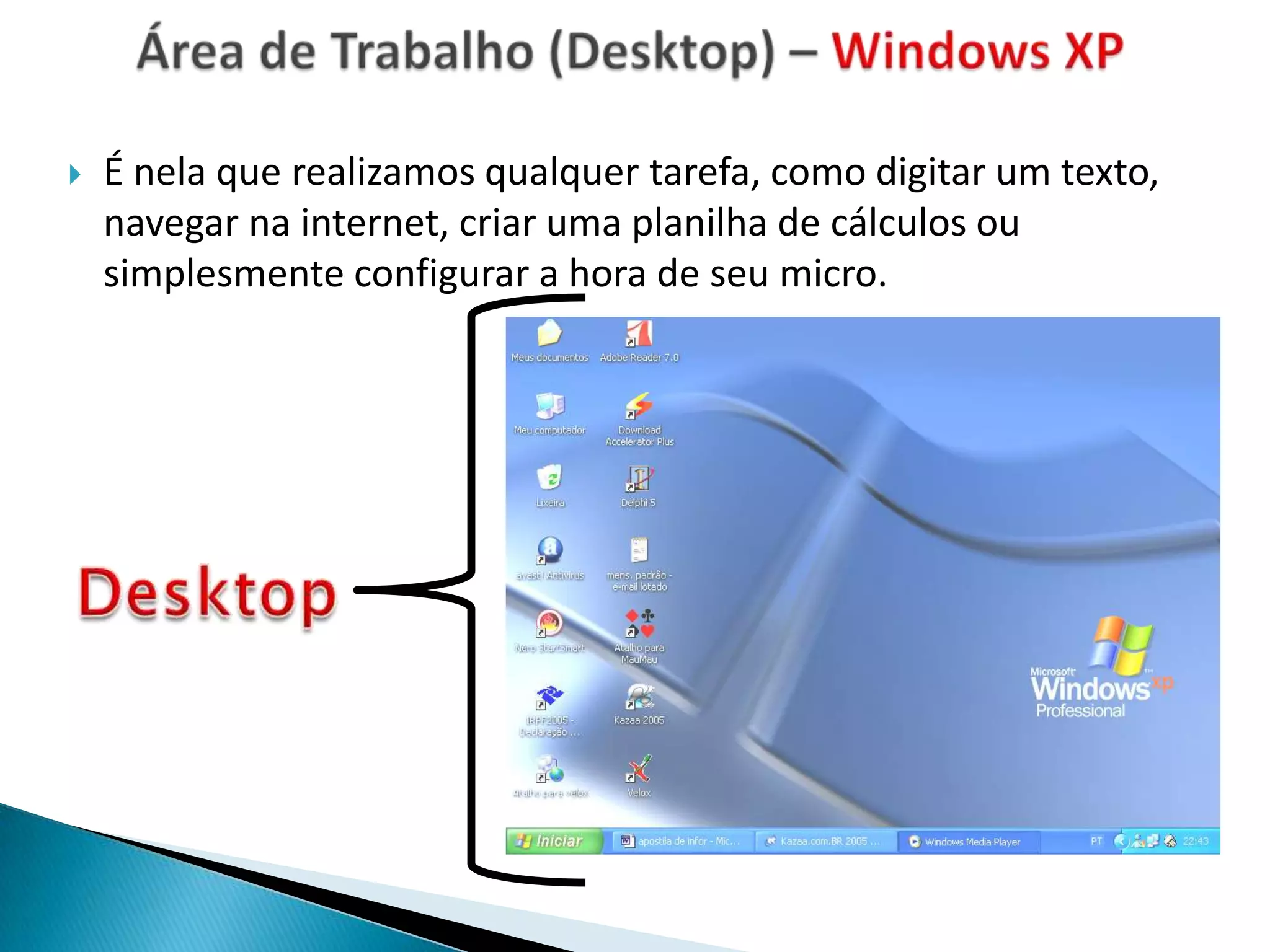    É nela que realizamos qualquer tarefa, como digitar um texto,
    navegar na internet, criar uma planilha de cálculos ou
    simplesmente configurar a hora de seu micro.
 