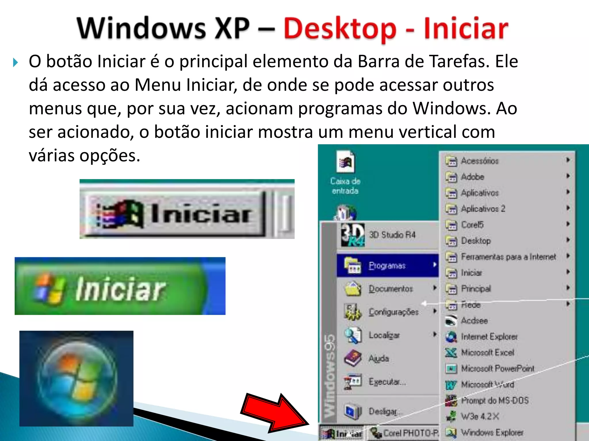    O botão Iniciar é o principal elemento da Barra de Tarefas. Ele
    dá acesso ao Menu Iniciar, de onde se pode acessar outros
    menus que, por sua vez, acionam programas do Windows. Ao
    ser acionado, o botão iniciar mostra um menu vertical com
    várias opções.
 