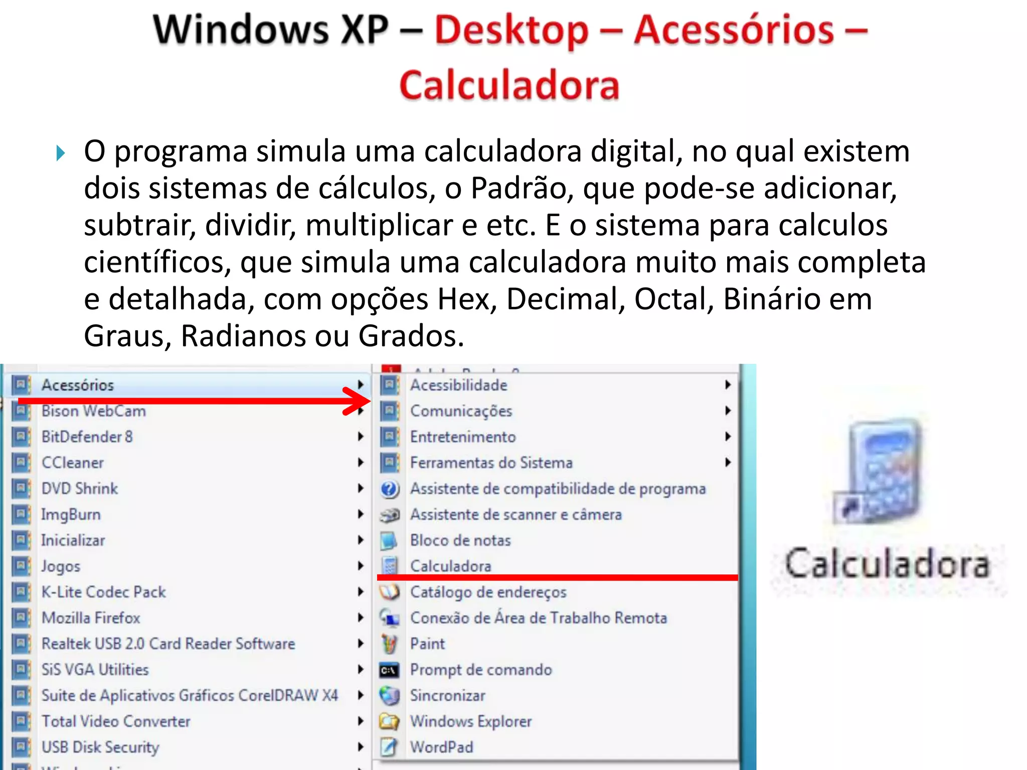    O programa simula uma calculadora digital, no qual existem
    dois sistemas de cálculos, o Padrão, que pode-se adicionar,
    subtrair, dividir, multiplicar e etc. E o sistema para calculos
    científicos, que simula uma calculadora muito mais completa
    e detalhada, com opções Hex, Decimal, Octal, Binário em
    Graus, Radianos ou Grados.
 