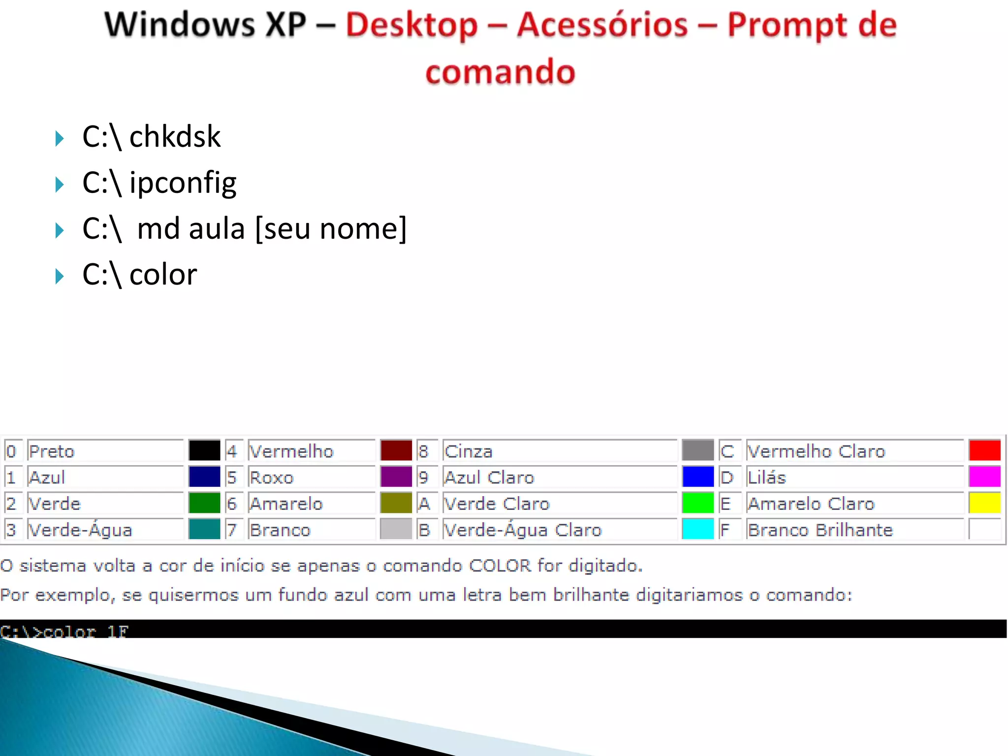    C: chkdsk
   C: ipconfig
   C: md aula [seu nome]
   C: color
 