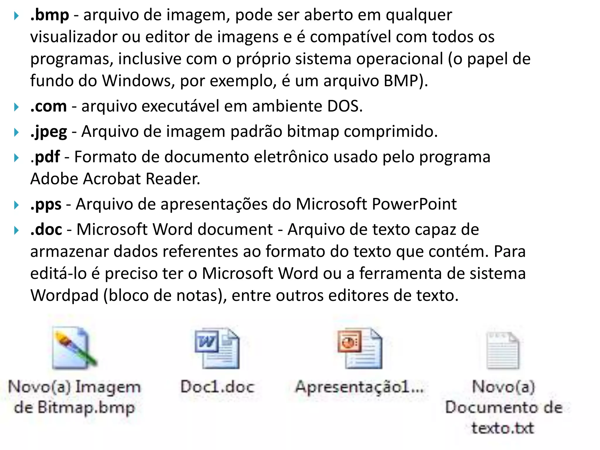    .bmp - arquivo de imagem, pode ser aberto em qualquer
    visualizador ou editor de imagens e é compatível com todos os
    programas, inclusive com o próprio sistema operacional (o papel de
    fundo do Windows, por exemplo, é um arquivo BMP).
   .com - arquivo executável em ambiente DOS.
   .jpeg - Arquivo de imagem padrão bitmap comprimido.
   .pdf - Formato de documento eletrônico usado pelo programa
    Adobe Acrobat Reader.
   .pps - Arquivo de apresentações do Microsoft PowerPoint
   .doc - Microsoft Word document - Arquivo de texto capaz de
    armazenar dados referentes ao formato do texto que contém. Para
    editá-lo é preciso ter o Microsoft Word ou a ferramenta de sistema
    Wordpad (bloco de notas), entre outros editores de texto.
 