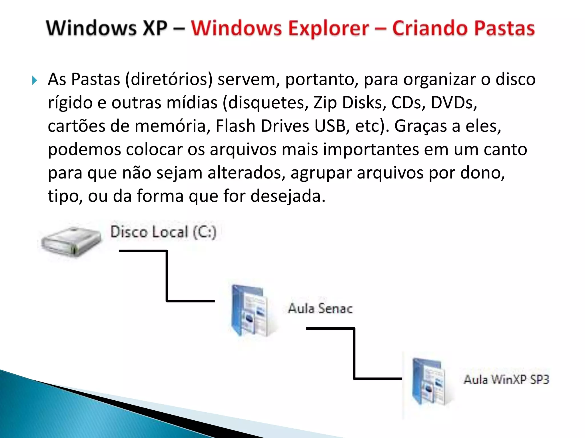    As Pastas (diretórios) servem, portanto, para organizar o disco
    rígido e outras mídias (disquetes, Zip Disks, CDs, DVDs,
    cartões de memória, Flash Drives USB, etc). Graças a eles,
    podemos colocar os arquivos mais importantes em um canto
    para que não sejam alterados, agrupar arquivos por dono,
    tipo, ou da forma que for desejada.
 