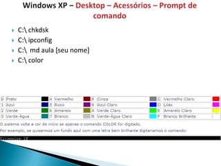    C: chkdsk
   C: ipconfig
   C: md aula [seu nome]
   C: color
 
