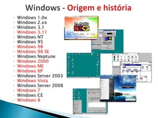 ◦   Windows 1.0x
◦   Windows 2.xx
◦   Windows 3.1
◦   Windows 3.11
◦   Windows NT
◦   Windows 95
◦   Windows 98
◦   Windows 98 SE
◦   Windows Neptune
◦   Windows 2000
◦   Windows ME
◦   Windows XP
◦   Windows Server 2003
◦   Windows Vista
◦   Windows Server 2008
◦   Windows 7
◦   Windows CE
◦   Windows 8
 