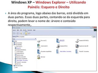    A área do programa, logo abaixo das barras, está dividida em
    duas partes. Essas duas partes, contando-se da esquerda para
    direita, podem levar o nome de: árvore e conteúdo
    respectivamente,.
 