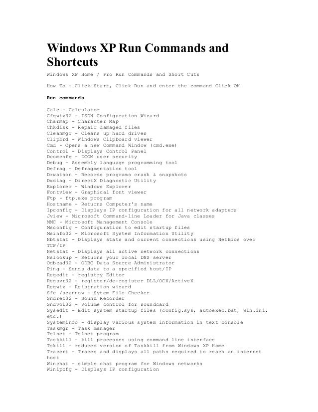 Windows xp run commands and shortcuts