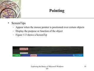 Pointing ScreenTips Appear when the mouse pointer is positioned over certain objects Display the purpose or function of the object Figure 1-3 shows a ScreenTip 